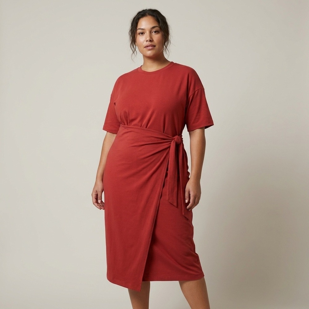 Modern Citizen Rust Red Organic Cotton Wrap Midi Dress Short Sleeve 1X NWOT